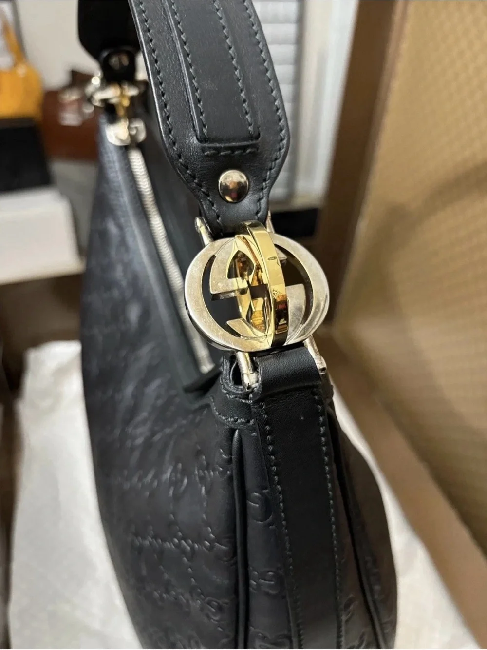 Gucci Guccisima Hobo Bag Black Leather with Silver & Gold hardware. COA Included